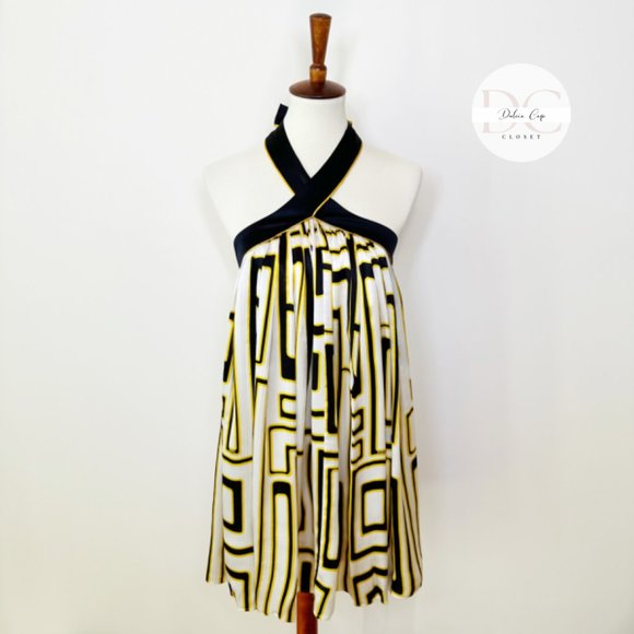 bebe Dresses & Skirts - Bebe Vintage Geo White Yellow Black 100% Silk Halter Mini Dress Size XS
